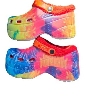 Platform Clogs Fuzzy Tie‎ Dye Slides Shoes Women's Size 11M